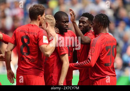 SINSHEIM, GERMANIA - 18 MAGGIO: Mathys Tel del Bayern Muenchen festeggia mentre segna il gol 0:1 con Alphonso Davies del Bayern Muenchen Dayot Upamecano del Bayern Muenchen durante la partita di Bundesliga tra TSG Hoffenheim e FC Bayern München al PreZero-Arena il 18 maggio 2024 a Sinsheim, Germania. © diebilderwelt / Alamy Stock Foto Stock