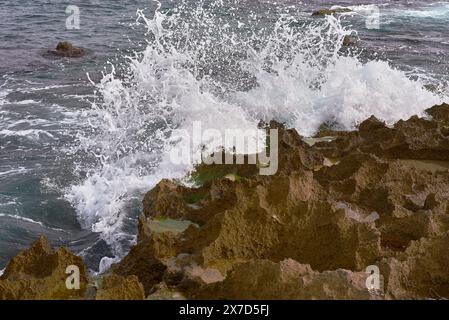 Immergiti nell'atmosfera luminosa di una giornata al sole, mentre le onde accarezzano dolcemente la costa rocciosa, proiettando un bagliore radioso sul paesaggio costiero, un'affascinante t Foto Stock