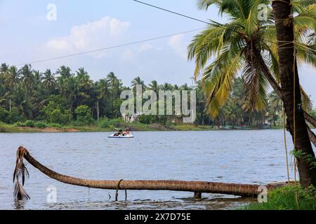 I turisti fanno un giro in barca nelle backwater di Eden Beach - Spiaggia bandiera Blu a Pondicherry Foto Stock