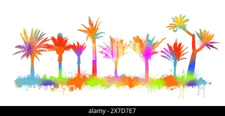 Silhouette di palme colorate su sfondo bianco. disegno a mano. Non IA. Illustrazione vettoriale Illustrazione Vettoriale