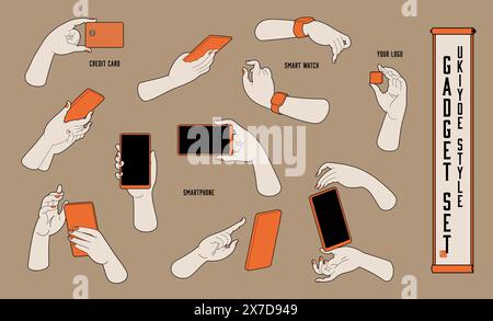 Una serie di illustrazioni portatili di gadget in stile ukiyo-e. Illustrazione Vettoriale