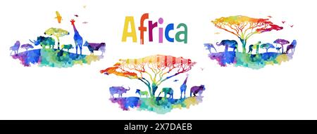 Poster di benvenuto in Africa. Africa abstract animali colorati silhouette. disegno a mano. Non ai, illustrazione vettoriale Illustrazione Vettoriale