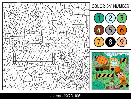 Attività a tema di costruzione vettoriale colore per numero con betoniera per calcestruzzo e foro di scavo per operai. Gioco di conteggio in bianco e nero con la industriale Illustrazione Vettoriale