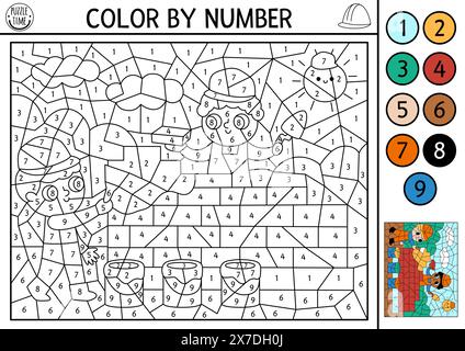 Attività a tema del sito di costruzione vettoriale colore per numero con lavoratori che costruiscono pareti in mattoni. Gioco di conteggio in bianco e nero con paesaggio industriale. Co Illustrazione Vettoriale