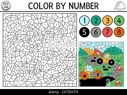 Attività a tema del sito di costruzione vettoriale, colore per numero, con veicoli che riparano strade. Gioco di conteggio in bianco e nero con paesaggio industriale e pavimentazione Illustrazione Vettoriale