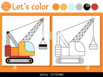 Pagina da colorare per i cantieri per i bambini con gru cingolata con carico. Illustrazione dei lavori di riparazione vettoriale. Libro a colori per bambini con colorato Illustrazione Vettoriale