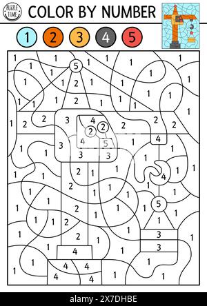 Attività a tema di costruzione vettoriale, colore per numero, con gru di sollevamento. Gioco di conteggio in bianco e nero con paesaggio industriale e tecnologia speciale Illustrazione Vettoriale