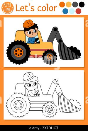 Pagina di colorazione cantiere per bambini con trattore bulldozer, conducente. Illustrazione dei lavori di riparazione vettoriale. Libro a colori per bambini a colori Illustrazione Vettoriale
