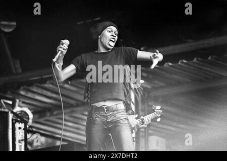 SKIN, SKUNK ANANSIE, FIRST GLASTONBURY, 1995: Singer Skin (Deborah Dyer) of Skunk Anansie on the NME Stage at Glastonbury Festival, Pilton, Inghilterra, 24 giugno 1995. Questa fu la loro prima esibizione a Glastonbury. Fotografia: ROB WATKINS. INFO: Gli Skunk Anansie sono un gruppo musicale britannico formatosi nel 1994, rinomato per la loro potente miscela di hard rock e testi politicamente carichi. Fronteggiata dalla carismatica pelle, la band ha raggiunto il successo internazionale con successi come "Weak" e "Hedonism". Foto Stock