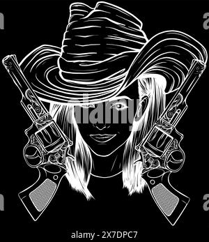 Vector Cowgirl con contorno bianco e nero Illustrazione Vettoriale