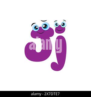 Carino personaggio viola Letter J Cartoon con occhi carini. Cartoon Illustration of Blue cute sorridente lettera J maiuscola e minuscola con gli occhi. Ragazzo divertente Illustrazione Vettoriale