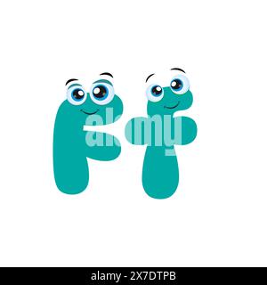 Carino illustrazione di cartoni animati con lettere maiuscole e minuscole F. caratteri alfabetici illustrati. Divertente lettera per bambini con gli occhi. Illustrazione Vettoriale