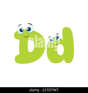 Verde divertente maiuscola e minuscola lettera D con occhi carini, allegro, giocoso e sorpreso su sfondo bianco. Divertente lettera per bambini con gli occhi. Illustrazione Vettoriale