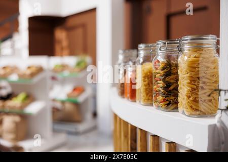 Primo piano di contenitori di vetro contenenti diversi tipi di pasta messi al banco di un negozio ecologico. Nel supermercato locale, i vasetti riutilizzabili privi di plastica mostrano vari ingredienti biologici biologici. Foto Stock