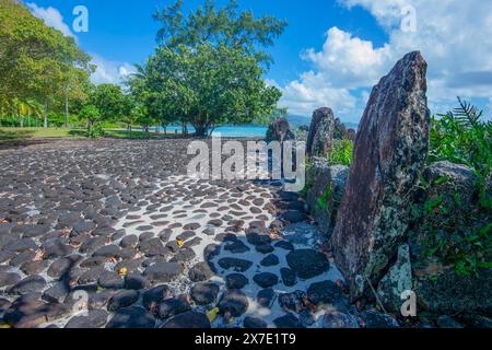 Taputapuatea sull'isola di Raiatea, è un sito patrimonio dell'umanità dell'UNESCO. Era un centro politico, cerimoniale e religioso. Isole della società, po francese Foto Stock
