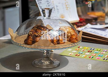 Croissant caldi in mostra in una caffetteria. Spuntino Foto Stock
