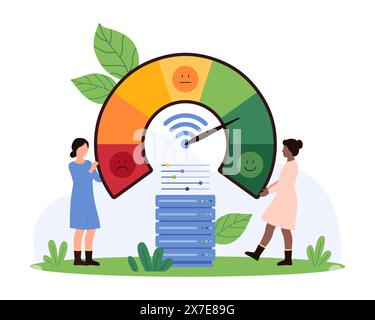 Ottimizzazione del caricamento dei dati, download rapido. Le persone più piccole misurano la velocità di connessione Internet sul tachimetro con freccia e scala con emoji, testano l'illustrazione vettoriale del cartoni animati del booster di rete digitale Illustrazione Vettoriale