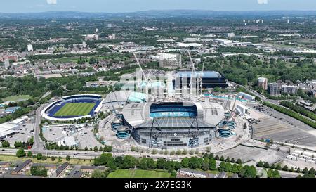 Manchester, Regno Unito. 19 maggio 2024. Vista aerea dell'Etihad Stadium in vista della partita di Premier League Manchester City vs West Ham United all'Etihad Stadium, Manchester, Regno Unito, 19 maggio 2024 (foto di Mark Cosgrove/News Images) a Manchester, Regno Unito, il 19/5/2024. (Foto di Mark Cosgrove/News Images/Sipa USA) credito: SIPA USA/Alamy Live News Foto Stock