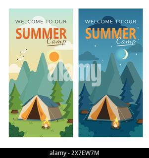 Serie di volantini promozionali per campeggio estivo, viaggi, escursioni, camper, natura, viaggio, picnic. Banner Web verticale per i campi estivi. Appartamento moderno Illustrazione Vettoriale