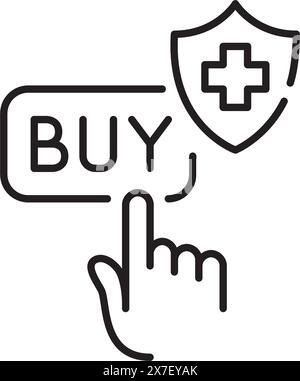 Dito che fa clic sul pulsante Acquista. Shopping per l'assicurazione medica. Icona del vettore pixel Perfect Illustrazione Vettoriale