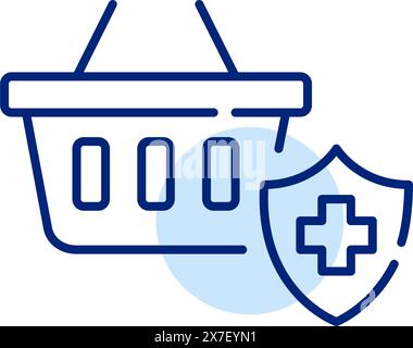 Carrello della spesa e scudo con croce medica. Scegliere e acquistare l'assicurazione sanitaria. Pixel Perfect, icona traccia modificabile Illustrazione Vettoriale