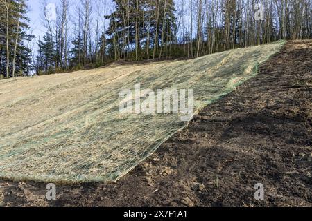 Controllo dell'erosione in pendenza con coperta a rete singola installata a terra per proteggere da erbacce e acqua Foto Stock