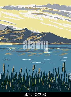 Poster art WPA del Great Salt Lake, Mar morto d'America situato a Salt Lake City, Utah, Stati Uniti, realizzato in Works Project Administration o Art De Illustrazione Vettoriale