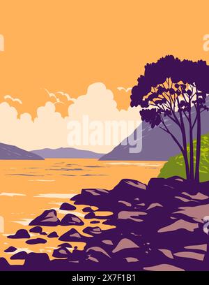 WPA poster art di Loch Ness e del Caledonian Canal nel Great Glen scozzese nelle Highlands scozzesi della Scozia, realizzato in Works project administrati Illustrazione Vettoriale