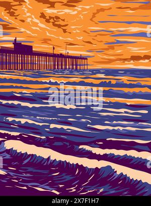 WPA poster art of surf Beach presso il molo di Pismo Beach a Pismo Beach, California, Stati Uniti d'America USA, amministrazione dei progetti in lavorazione. Illustrazione Vettoriale