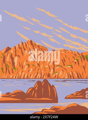 Poster art WPA di Watson Lake presso il Granite Dells di Prescott, Arizona, Stati Uniti, realizzati in lavori di amministrazione di progetti o in stile Art Deco. Illustrazione Vettoriale