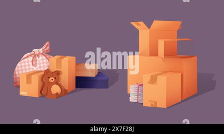 Set di scatole di cartone confezionate isolate su sfondo nero. Illustrazione di cartoni animati vettoriali di pacchi di cartone con oggetti per la casa, giocattolo orsacchiotto, oggetti in coperta a scacchi, pila di libri, servizio di consegna Illustrazione Vettoriale