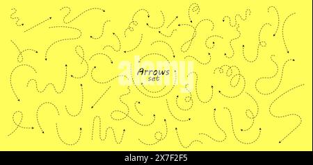 Serie di frecce tratteggiate sottili disegnate a mano. Raccolta di puntatori curvi. Puntatori vettoriali a punti gialli che puntano in direzioni diverse. Design semplice Illustrazione Vettoriale