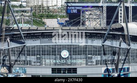 Manchester, Regno Unito. 19 maggio 2024. Vista aerea dell'Etihad Stadium in vista della partita di Premier League Manchester City vs West Ham United all'Etihad Stadium, Manchester, Regno Unito, 19 maggio 2024 (foto di Mark Cosgrove/News Images) a Manchester, Regno Unito, il 19/5/2024. (Foto di Mark Cosgrove/News Images/Sipa USA) credito: SIPA USA/Alamy Live News Foto Stock