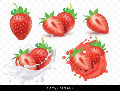 Fragola in immersione. Latte di frutta, panna e frullato, succo di frutta o yogurt in movimento, bacca fresca e realistica intera, metà e fette, frullato o cocktail. Illustrazione Vettoriale