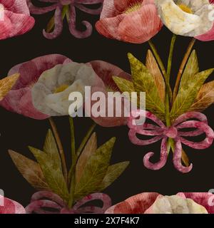 Delicate peonie decorative di colore rosa e crema con fogliame verde, arte digitale disegnata a mano in stile acquerello, motivo senza cuciture su sfondo scuro per la stampa su tessuto e carta Foto Stock