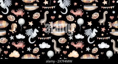 I dinosauri dei cartoni animati sono dotati di dirigibili, stelle, nuvole, palloncini. Fantasia perfetta per i bambini con un adorabile dinosauro. Sfondo disegnato a mano con acquerello per bambini Foto Stock