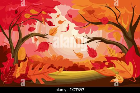 Una colorata scena autunnale con alberi e foglie che cadono Illustrazione Vettoriale