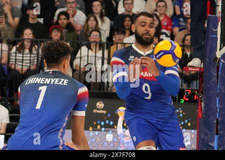 Orleans, Francia. 18 maggio 2024. Earvin Ngapeth e Barthélémy Chinenyeze di Francia durante l'amichevole internazionale di pallavolo tra Francia e Paesi Bassi il 18 maggio 2024 alla Co'Met Arena di Orleans, Francia. Foto Laurent Lairys/ABACAPRESS. COM credito: Abaca Press/Alamy Live News Foto Stock