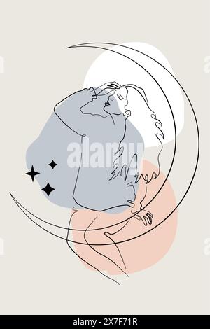 Scheda o poster con un'unica linea di disegno del volto femminile e delle forme astratte Illustrazione Vettoriale