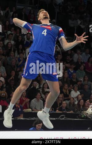 Orleans, Francia. 18 maggio 2024. Jean Patry di Francia durante l'amichevole internazionale di pallavolo tra Francia e Paesi Bassi il 18 maggio 2024 alla Co'met Arena di Orleans, Francia. Foto Laurent Lairys/ABACAPRESS. COM credito: Abaca Press/Alamy Live News Foto Stock