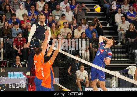 Orleans, Francia. 18 maggio 2024. Jean Patry di Francia durante l'amichevole internazionale di pallavolo tra Francia e Paesi Bassi il 18 maggio 2024 alla Co'met Arena di Orleans, Francia. Foto Laurent Lairys/ABACAPRESS. COM credito: Abaca Press/Alamy Live News Foto Stock