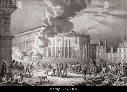 Incendio nella casa di guardia della polizia, Place de la Bourse, Parigi, 1830, durante la Rivoluzione francese del 1830, nota anche come Rivoluzione di luglio, seconda Rivoluzione francese, o Trois Glorieuses, una seconda Rivoluzione francese dopo la prima nel 1789. Dopo una stampa del XIX secolo. Foto Stock