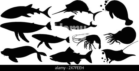 Sagome nere di varie creature marine Illustrazione Vettoriale