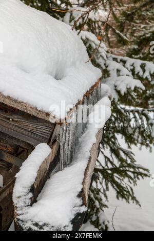 ghiaccioli su un tetto di legno Foto Stock