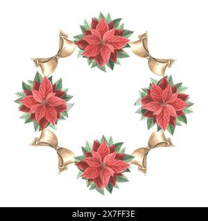 Fiori di Poinsettia con archi di seta. Cornice di Natale, vintage. Illustrazione ad acquerello disegnata a mano pianta tradizionale per sfondo invernale. Isolat Foto Stock