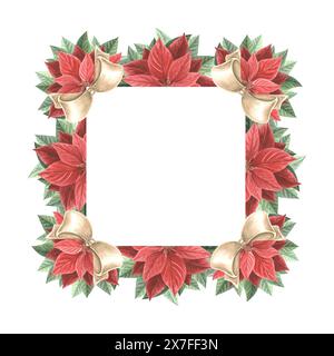 Fiori di Poinsettia con archi di seta. Cornice di Natale, vintage. Illustrazione ad acquerello disegnata a mano pianta tradizionale per sfondo invernale. Isolat Foto Stock