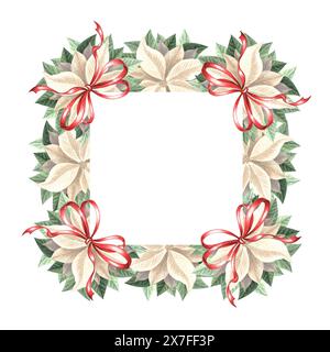 Fiori di Poinsettia con archi di seta. Cornice di Natale, vintage. Illustrazione ad acquerello disegnata a mano pianta tradizionale per sfondo invernale. Isolat Foto Stock