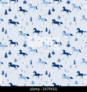 Cavalli cartoni animati galoppano nella foresta invernale Illustrazione Vettoriale