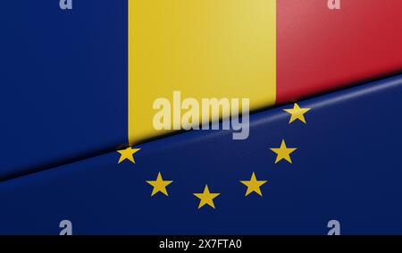 Bandiere rumene ed europee piegate e incollate insieme con texture del tessuto - rendering 3D. Foto Stock