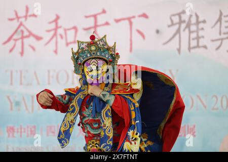 Città del Messico, Messico. 19 maggio 2024. Un artista si esibisce cambiando il volto durante un salone culturale a città del Messico, Messico, il 19 maggio 2024. Crediti: Francisco Canedo/Xinhua/Alamy Live News Foto Stock